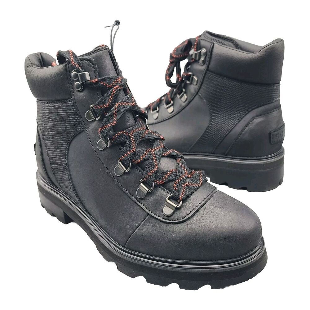 SOREL Lennox Boots Black Leather Hiker Waterproof Ankle Lace Up Size 8 39 New